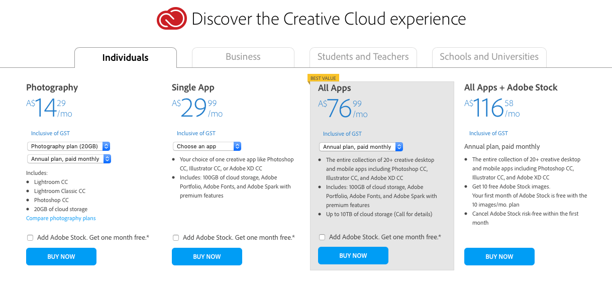 Adobe Creative Cloud Plans